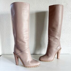 Valentino Garavani Rockstud Knee High Leather Boots Poudre Nude Size EU 38